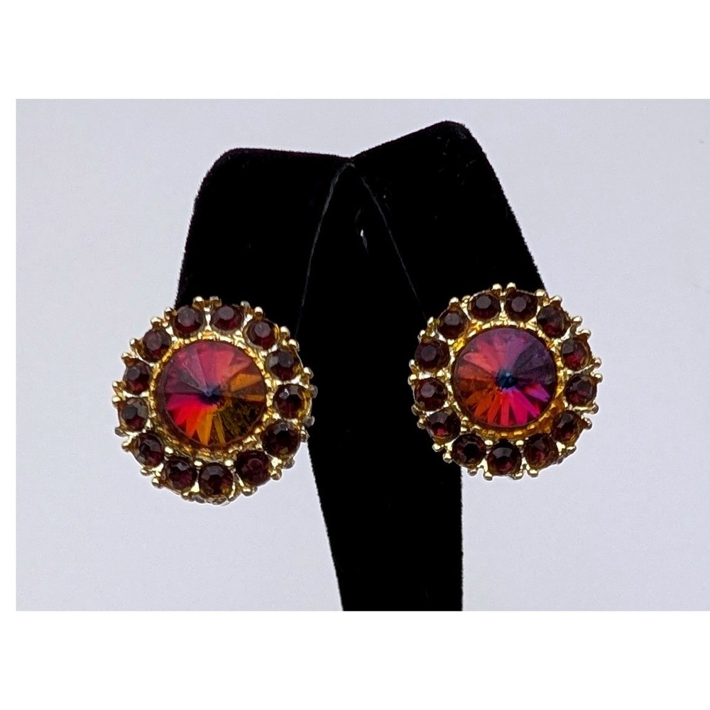 Vintage Watermelon Vitrail Rhinestone Clip On Earrings Gold Tone Round Halo